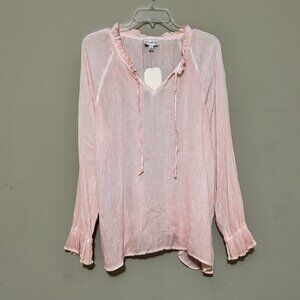 Wonderly Pink Peony Ruffle Neck Tie Front Blouse – Long Sleeve Boho Peasant Top